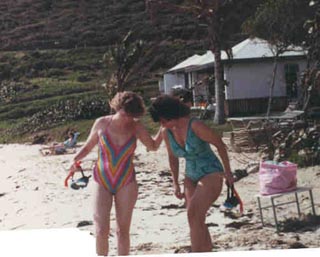 Patsy and I getting ready to snorkel.  (I'm the sexy one in the turquoise-green suit.)  My first time to swim in the ocean!
